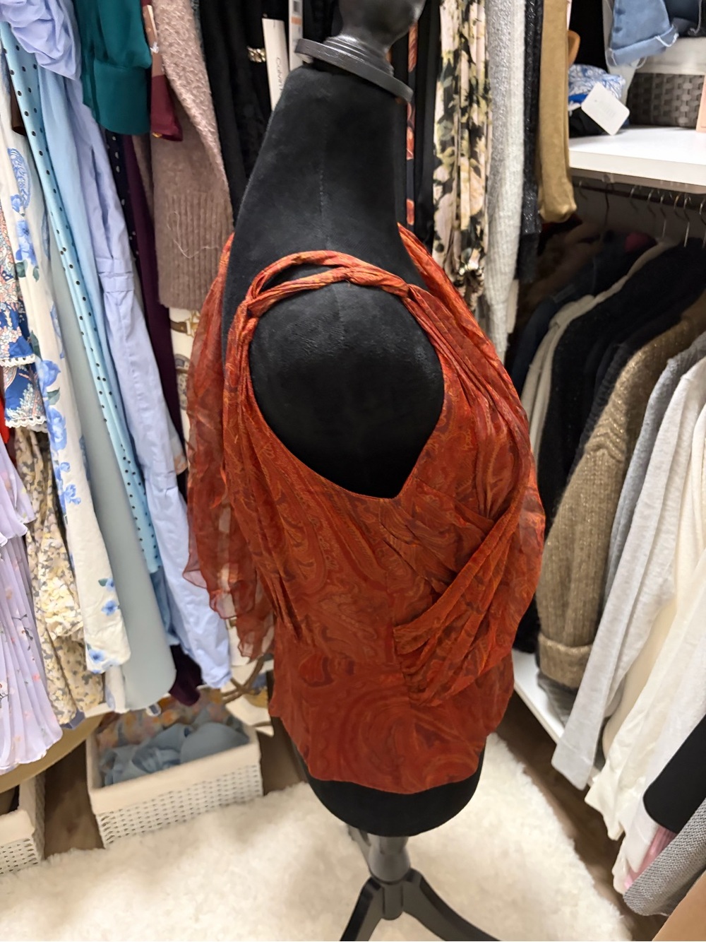 VINTAGE ✨Carmen Marc Valvo Signature Red-Orange Strapless Draped V-Neck Shirt - Picture 5 of 8